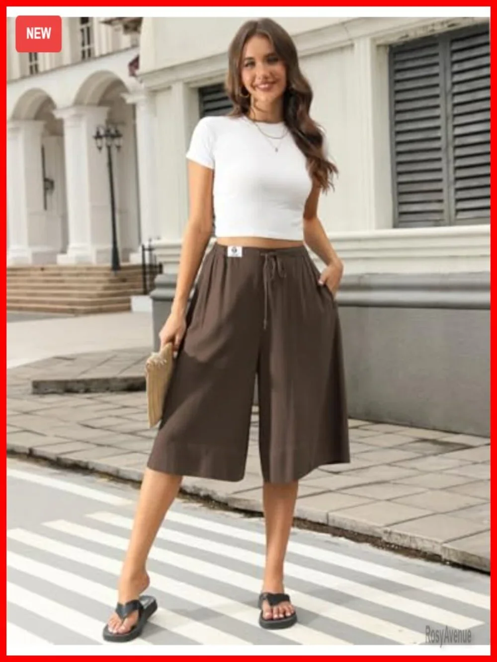Linen Capri Pants Wide Leg Drawstring Elastic Waist with Pocket Summer Culottes